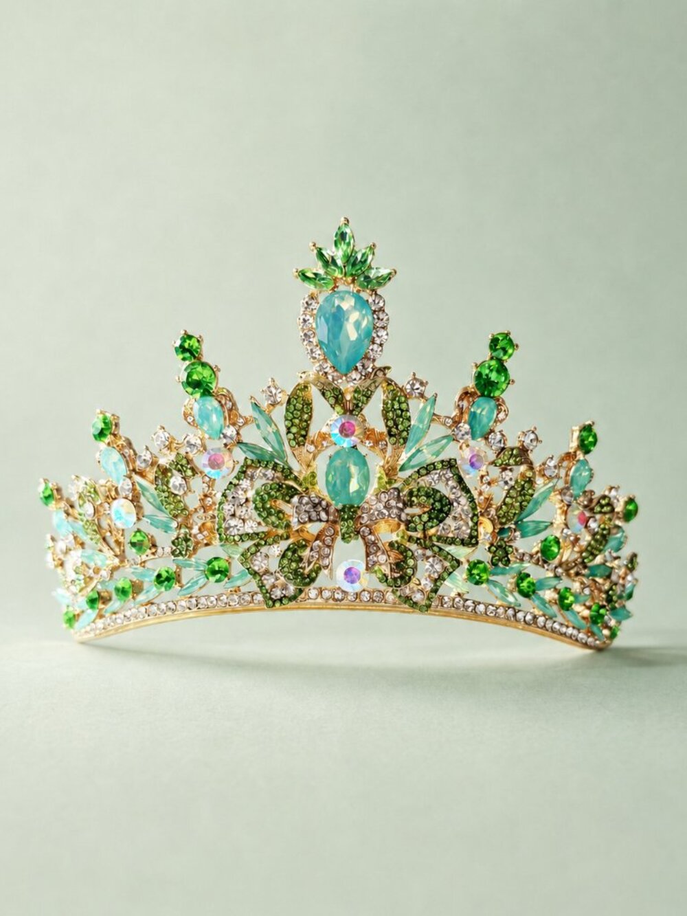 Green Peacock Crystal Tiara Gold Tone Rhinestone Crown Wedding Pageant Prom